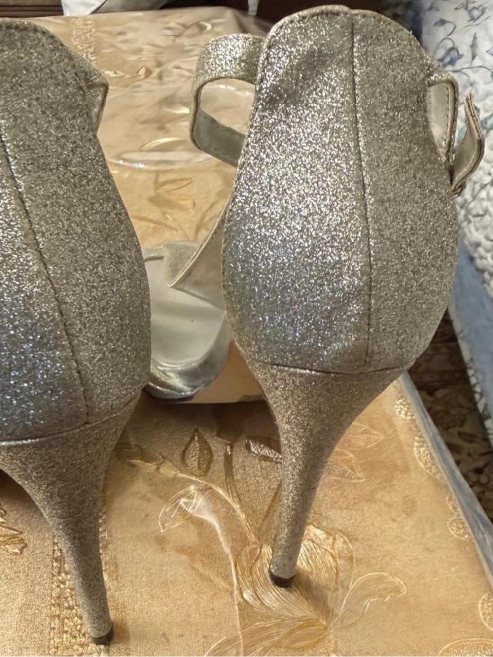 Glamorous Silver Glitter Stiletto Heels with Ankle Strap - Women's Evening Shoes